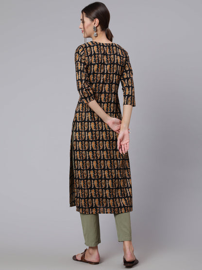 Black Printed straight kurta with three quarter sleeves