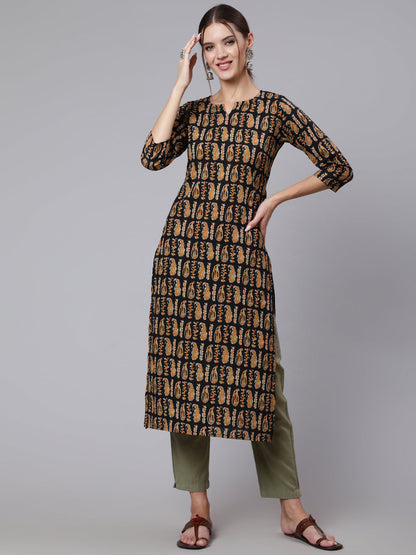 Black Printed straight kurta with three quarter sleeves