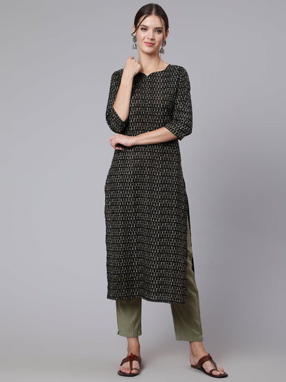 Black Geometric Printed Straight Kurta with Three Quarter Sleeves