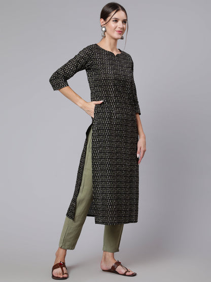 Black Geometric Printed Straight Kurta with Three Quarter Sleeves