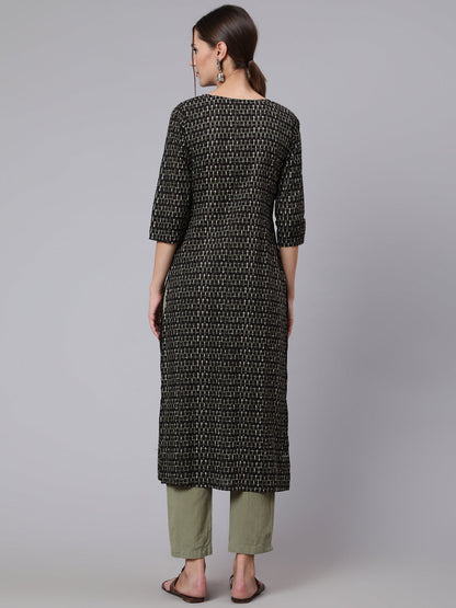 Black Geometric Printed Straight Kurta with Three Quarter Sleeves