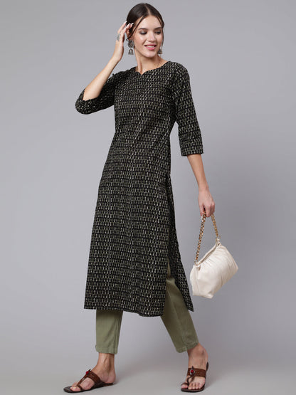 Black Geometric Printed Straight Kurta with Three Quarter Sleeves