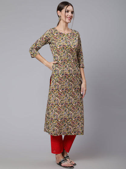 Green Ethnic Printed Straight Kurta with Three Quarter Sleeves