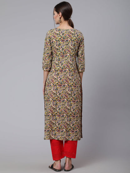 Green Ethnic Printed Straight Kurta with Three Quarter Sleeves