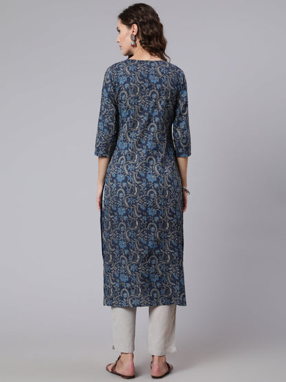 Navy Blue Printed straight kurta with three quarter sleeves