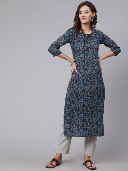 Navy Blue Printed straight kurta with three quarter sleeves