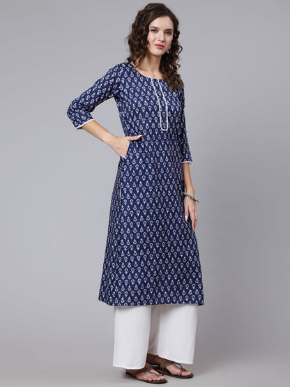 Blue Printed straight kurta with three quarter sleeves