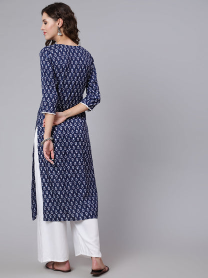 Blue Printed straight kurta with three quarter sleeves