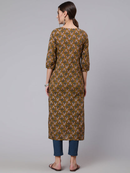 Brown Printed straight kurta with three quarter sleeves