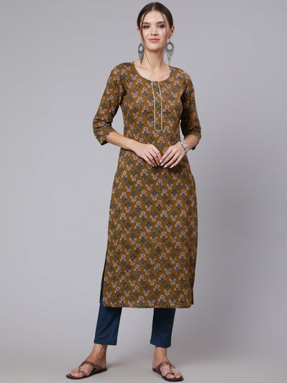 Brown Printed straight kurta with three quarter sleeves