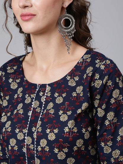 Navy Blue Printed straight kurta with three quarter sleeves