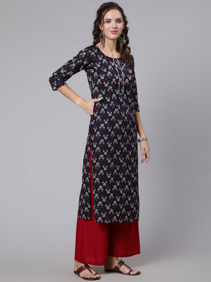 Navy Blue Printed straight kurta with three quarter sleeves