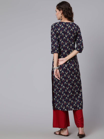 Navy Blue Printed straight kurta with three quarter sleeves