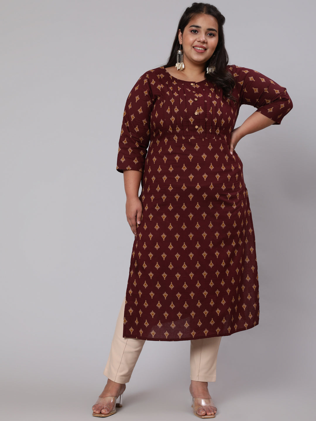 Plus Size Burgundy Printed straight Kurta