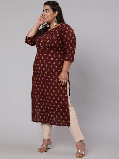 Plus Size Burgundy Printed straight Kurta