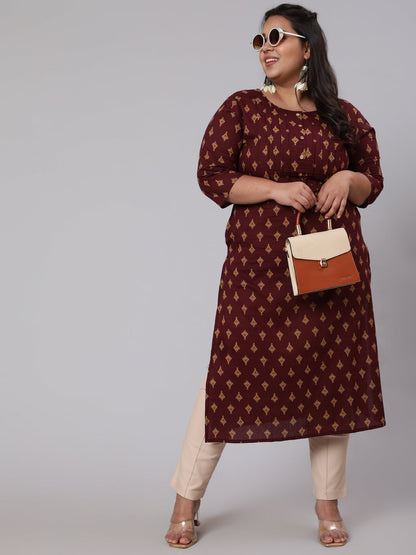 Plus Size Burgundy Printed straight Kurta