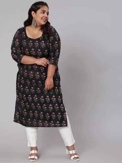 Plus Size Black Ethnic Printed straight Kurta