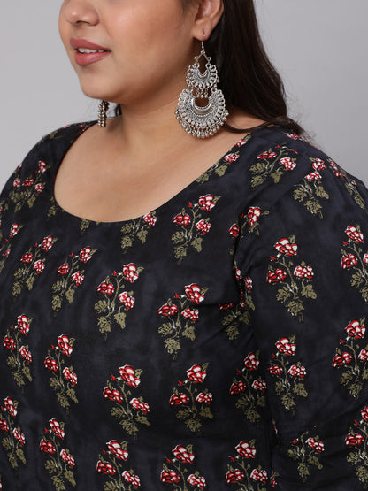 Plus Size Black Ethnic Printed straight Kurta