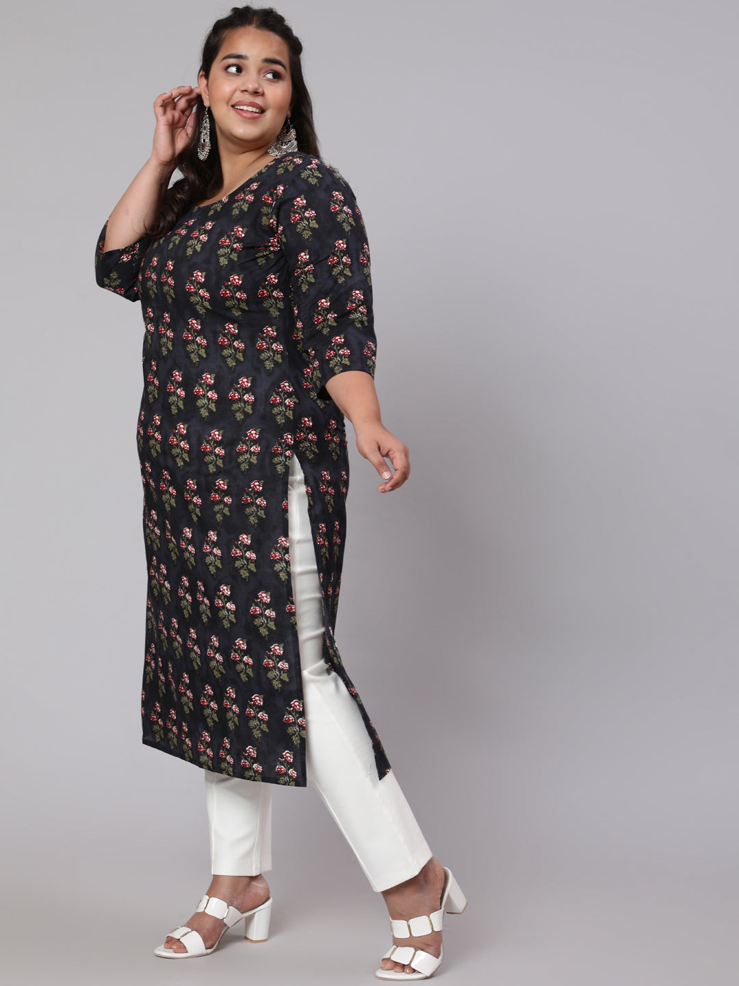 Plus Size Black Ethnic Printed straight Kurta