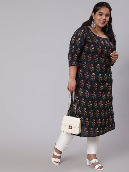 Plus Size Black Ethnic Printed straight Kurta