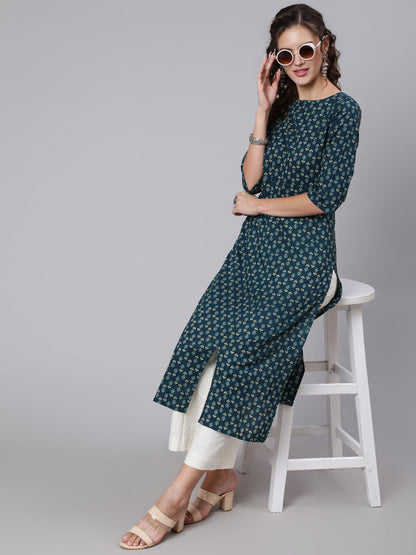 Teal Blue Printed straight kurta with three quarter sleeves