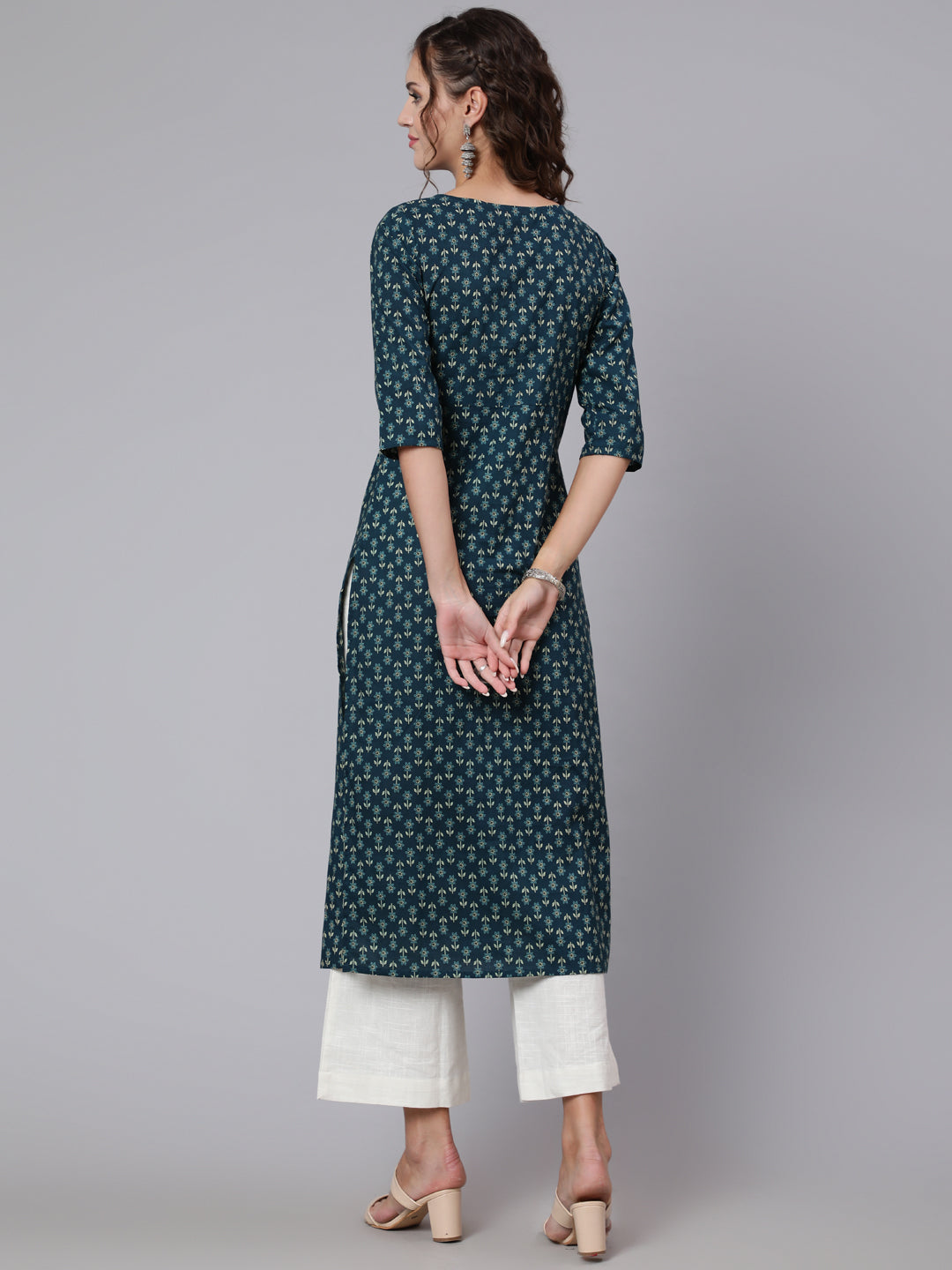 Teal Blue Printed straight kurta with three quarter sleeves