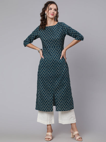 Teal Blue Printed straight kurta with three quarter sleeves