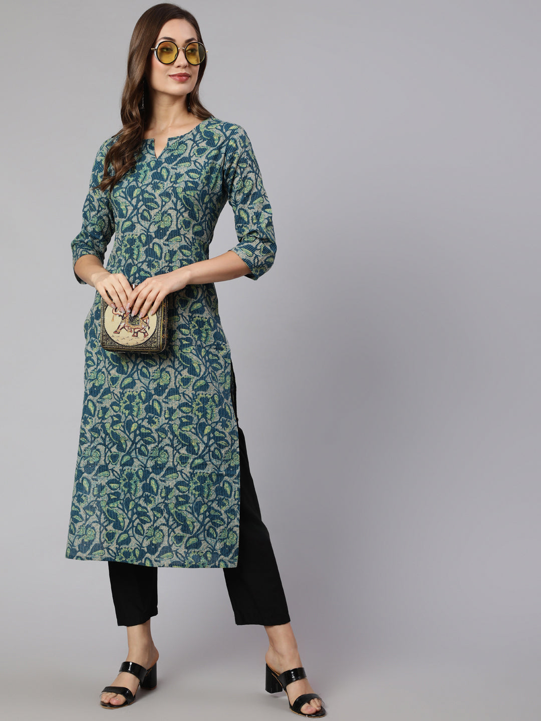 Teal Green Ethnic Printed Straight Kurta With Three Quarter Sleeves