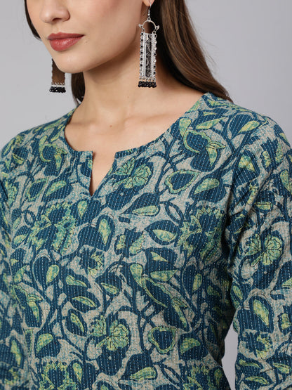 Teal Green Ethnic Printed Straight Kurta With Three Quarter Sleeves