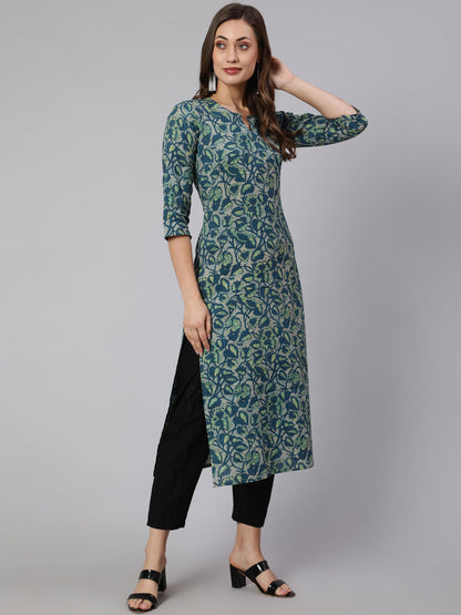 Teal Green Ethnic Printed Straight Kurta With Three Quarter Sleeves