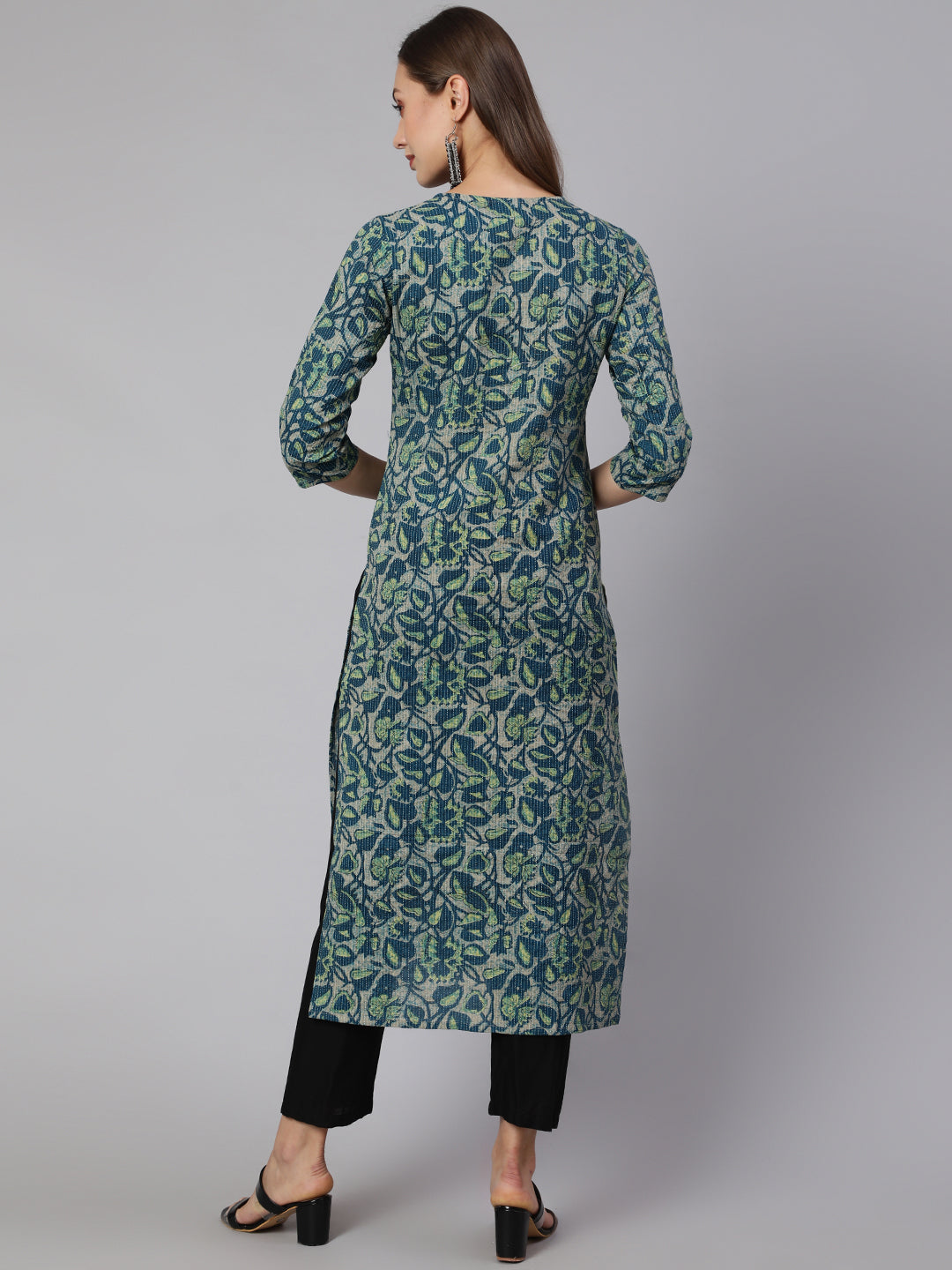 Teal Green Ethnic Printed Straight Kurta With Three Quarter Sleeves