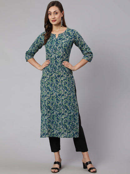 Teal Green Ethnic Printed Straight Kurta With Three Quarter Sleeves