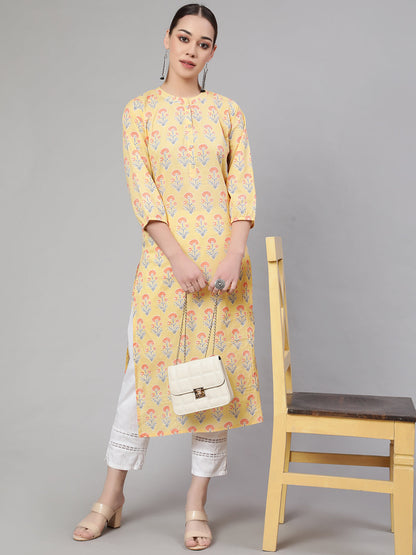 Yellow Straight Kurta With Three Quarter Sleeves