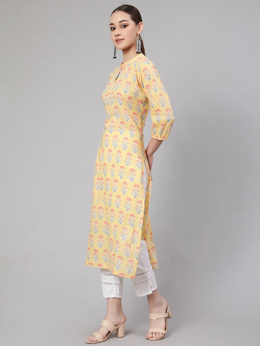 Yellow Straight Kurta With Three Quarter Sleeves