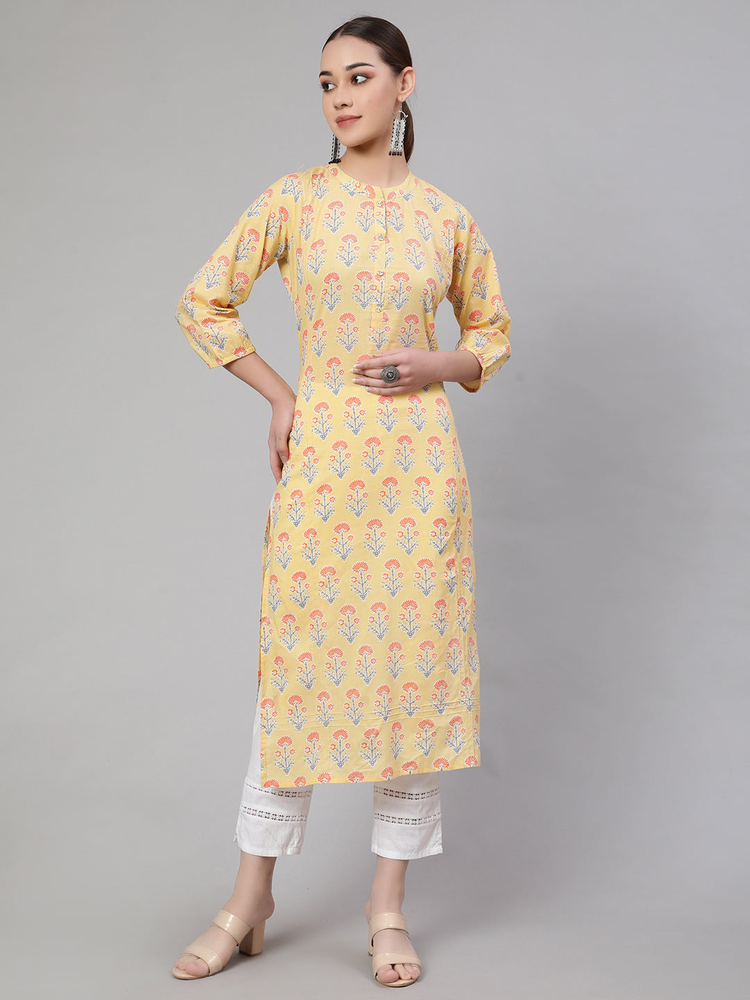 Yellow Straight Kurta With Three Quarter Sleeves