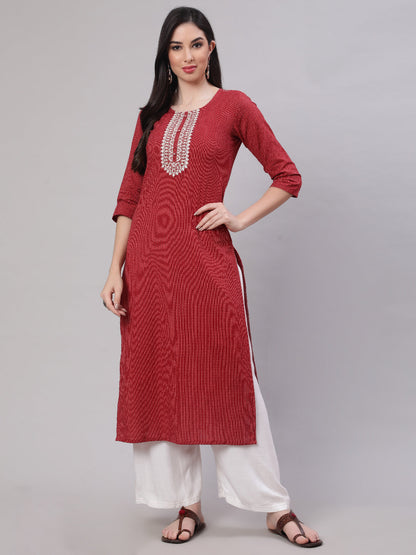 Women Maroon Embroidered Yoke Design Straight Kurta