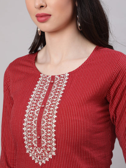 Women Maroon Embroidered Yoke Design Straight Kurta