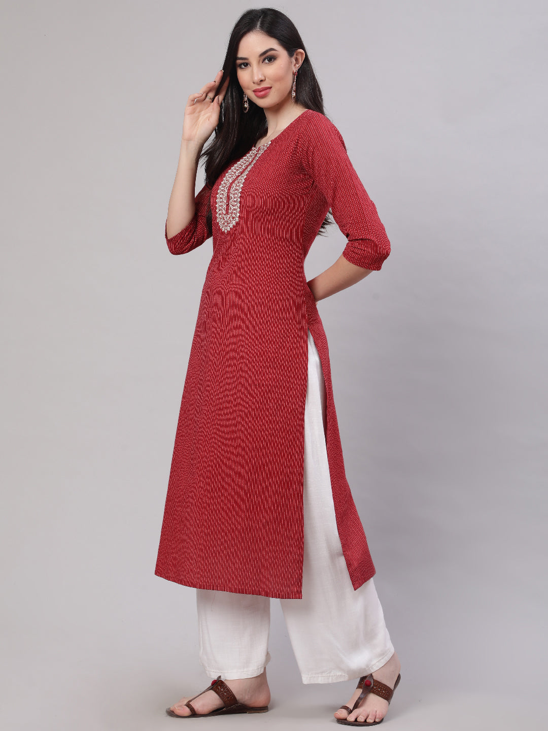 Women Maroon Embroidered Yoke Design Straight Kurta