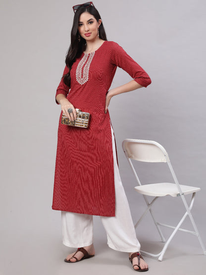 Women Maroon Embroidered Yoke Design Straight Kurta