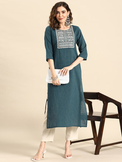 Women Teal Blue Embroidered Yoke Design Straight Kurta