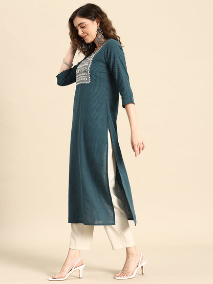 Women Teal Blue Embroidered Yoke Design Straight Kurta