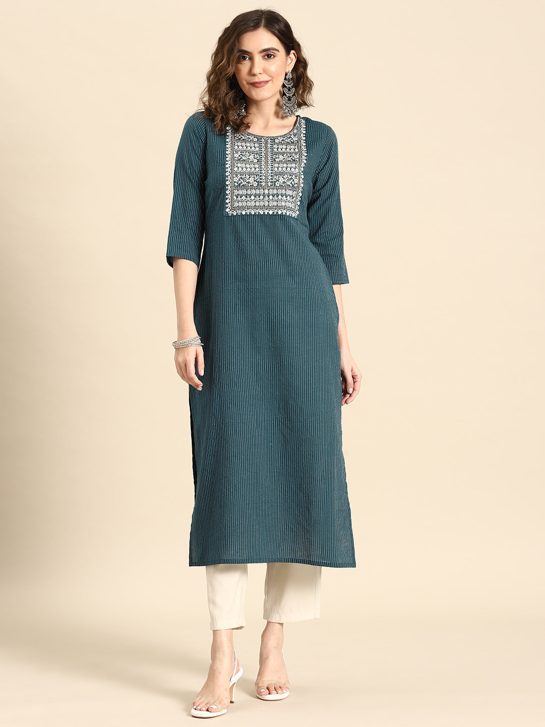 Women Teal Blue Embroidered Yoke Design Straight Kurta