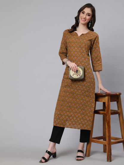 Women Yellow Printed straight Kurta With three quarter sleeves