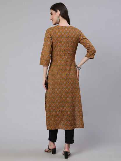 Women Yellow Printed straight Kurta With three quarter sleeves