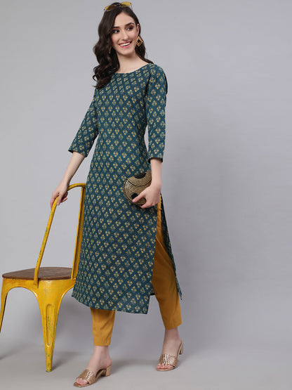 Women Teal Blue Printed straight Kurta With three quarter sleeves