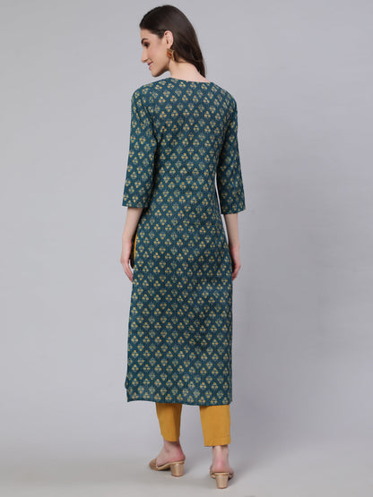 Women Teal Blue Printed straight Kurta With three quarter sleeves