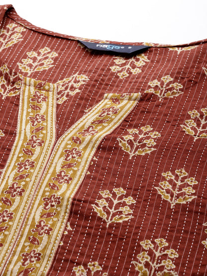 Women Maroon Printed Straight Kurta With Three Quarter Sleeves