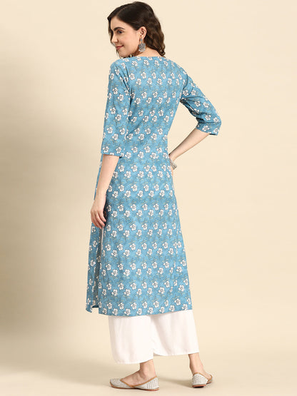 Women Blue Ethnic Printed Straight Kurta with Three Quarter Sleeves