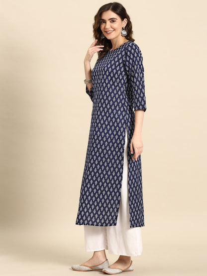 Women Blue Ethnic Printed Straight Kurta with Three Quarter Sleeves