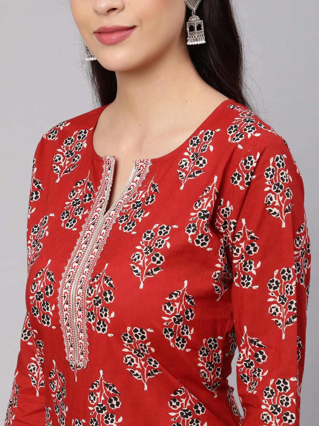 Women Maroon Printed Straight Kurta With Three Quarter Sleeves